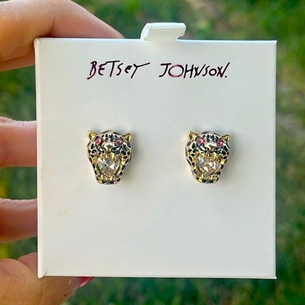Brand New Betsey Johnson Tiger Post Earrings Rhinestone Stud Animal Print Roar